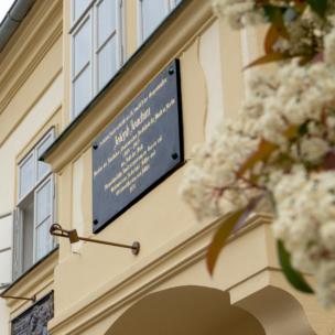 Eine Nahaufnahme eines gelben Gebäudes mit einer Gedenktafel neben einem Fenster. Weiße Blumen verwischen teilweise die rechte Seite des Bildes im Vordergrund.