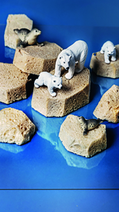 Spielzeug-Eisbären und -Robben sind auf beigefarbenen Schwämmen auf einer blauen Fläche platziert, die an Tiere auf Eisschollen im Arktischen Ozean erinnern.