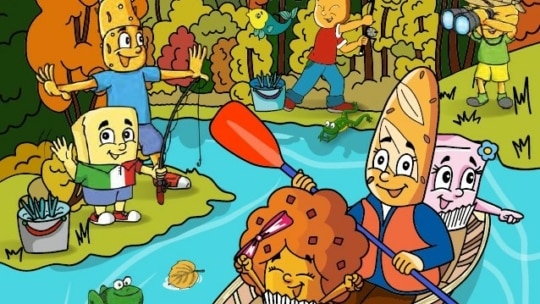 Cartoon-Figuren mit Käse, Brot und Muffins genießen Aktivitäten im Freien an einem Fluss; einige angeln, andere fahren Kanu, und einer macht Fotos, umgeben von Bäumen und wilden Tieren in einer farbenfrohen, verspielten Szene.