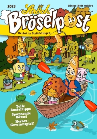 Illustriertes Titelbild mit lächelnden Brot- und Gebäckfiguren, die in einem Boot auf einem Fluss in einem Herbstwald paddeln. Andere Brotfiguren spielen in der Nähe. Der Text enthält den Titel Bröselpost und weist auf Bastelarbeiten, Rätsel und einen Wettbewerb hin.