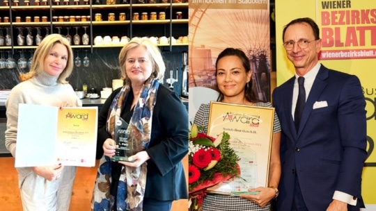 Zwei Fotos nebeneinander: Auf der linken Seite halten zwei Frauen eine Auszeichnung und eine Urkunde vor einem Regal mit Brille. Auf der rechten Seite steht eine Frau mit einer Urkunde und Blumen neben einem Mann im Anzug vor einem gelben Bühnenhintergrund.