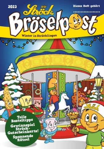 Buntes Cartoon-Cover des Magazins "Bröselpost", das Brot- und Bäckereifiguren auf einem Karussell in einer verschneiten Winterlandschaft zeigt, mit verspielten Textblasen, die Aktivitäten und Preise im Inneren hervorheben.