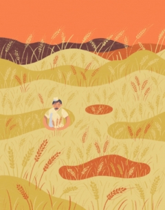 Eine Person mit kurzen Haaren und Brille sitzt inmitten von hohem, goldenem Weizen auf einem Feld unter einem orangefarbenen Himmel, mit sanften Hügeln und Bergen im Hintergrund.