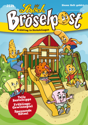 Cartoonfiguren aus der Bäckerei spielen auf einem Holzspielplatz mit Rutsche und Klettergerüst. Zu den Figuren gehören ein Laib Brot, eine Brezel, ein Kuchen und ein Gebäck. Im Hintergrund sind Bäume und Gras zu sehen.