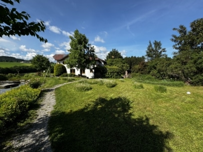 Ein weißes Haus mit rotem Dach steht inmitten eines üppigen, grünen Gartens unter einem blauen Himmel mit vereinzelten Wolken. Ein Kiesweg schlängelt sich durch den grasbewachsenen Hof, der von Bäumen und Büschen gesäumt ist.