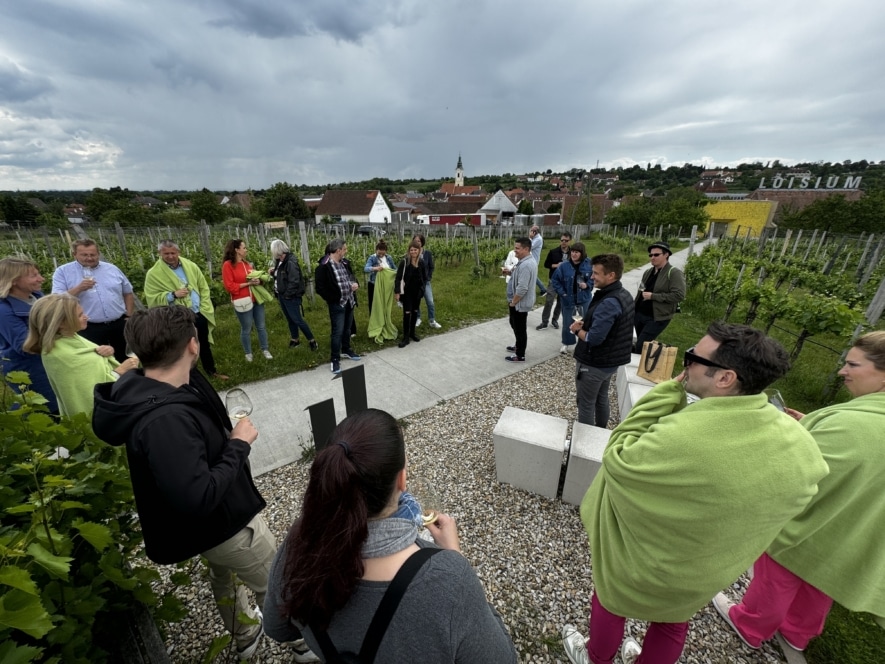 Eine Gruppe von Menschen steht an einem bewölkten Tag in einem Weinberg und unterhält sich, einige sind in grüne Decken gehüllt. Im Hintergrund sind Häuser und ein Kirchturm zu sehen, an einem entfernten Gebäude ein LOTSUM-Schild.