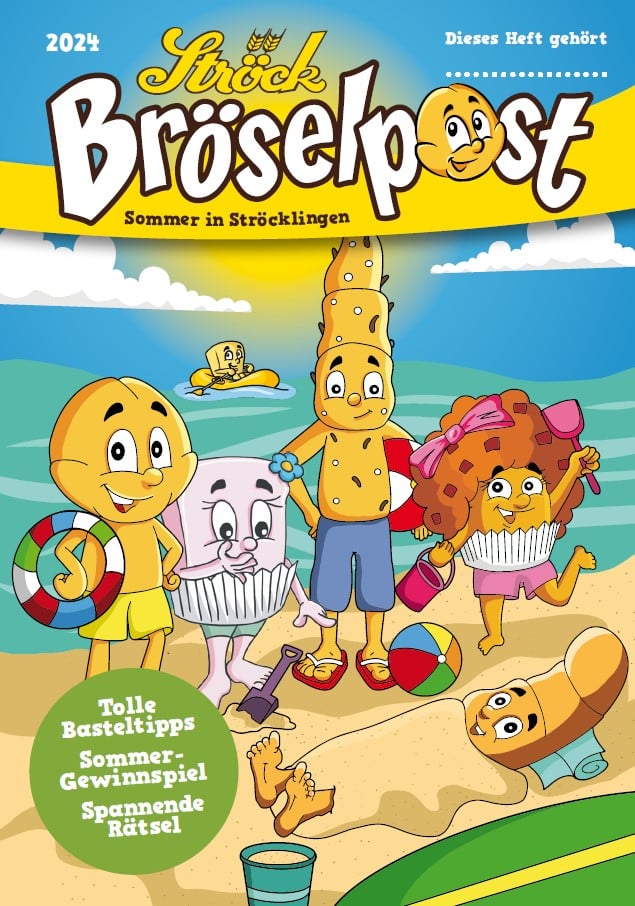 Cartoonfiguren aus Brot und Gebäck spielen an einem sonnigen Strand mit einem Ball, Strandspielzeug und einer Sandburg. Das farbenfrohe Magazincover trägt die Aufschrift "Bröselpost" und zeigt fröhliche Illustrationen zum Thema Sommer.