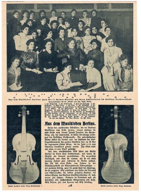 Eine alte Zeitungsseite zeigt ein Schwarz-Weiß-Foto von Frauen, von denen einige Notenblätter in der Hand halten, mit deutschem Text darunter und zwei Bildern von Geigen auf beiden Seiten eines zentralen Artikels über das Berliner Musikleben.