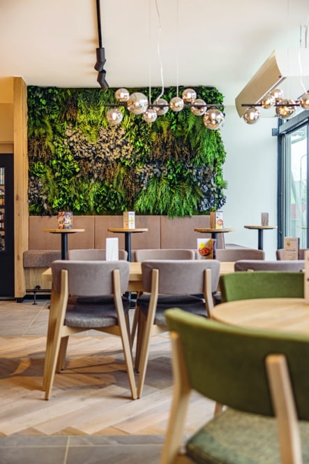 Ein modernes Café mit Holztischen und -stühlen, einer grünen Pflanzenwand, hängenden Kugelleuchten und großen Fenstern, die viel natürliches Licht hereinlassen.