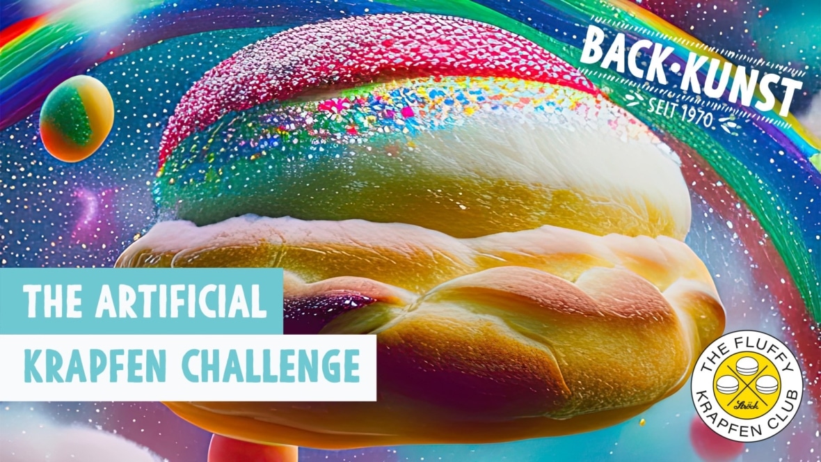 Ein farbenfrohes Bild zeigt ein großes, mit Regenbogenspritzern versehenes Krapfengebäck, das in einer surrealen, lebendigen Weltraumszene schwebt. Der Text lautet "The Artificial Krapfen Challenge". Die Logos des Fluffy Krapfen Club und von Back-Kunst sind zu sehen.