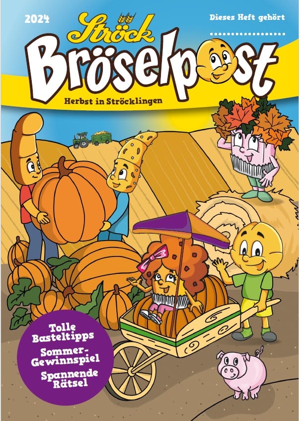 Illustriertes Titelbild einer Zeitschrift mit fröhlichen Brot- und Gebäckfiguren, die in einer Herbstszene Kürbisse und Blätter ernten. Eine Figur schiebt eine Schubkarre mit einer lächelnden Brezel, und bunte Blätter und Kürbisse umgeben sie.