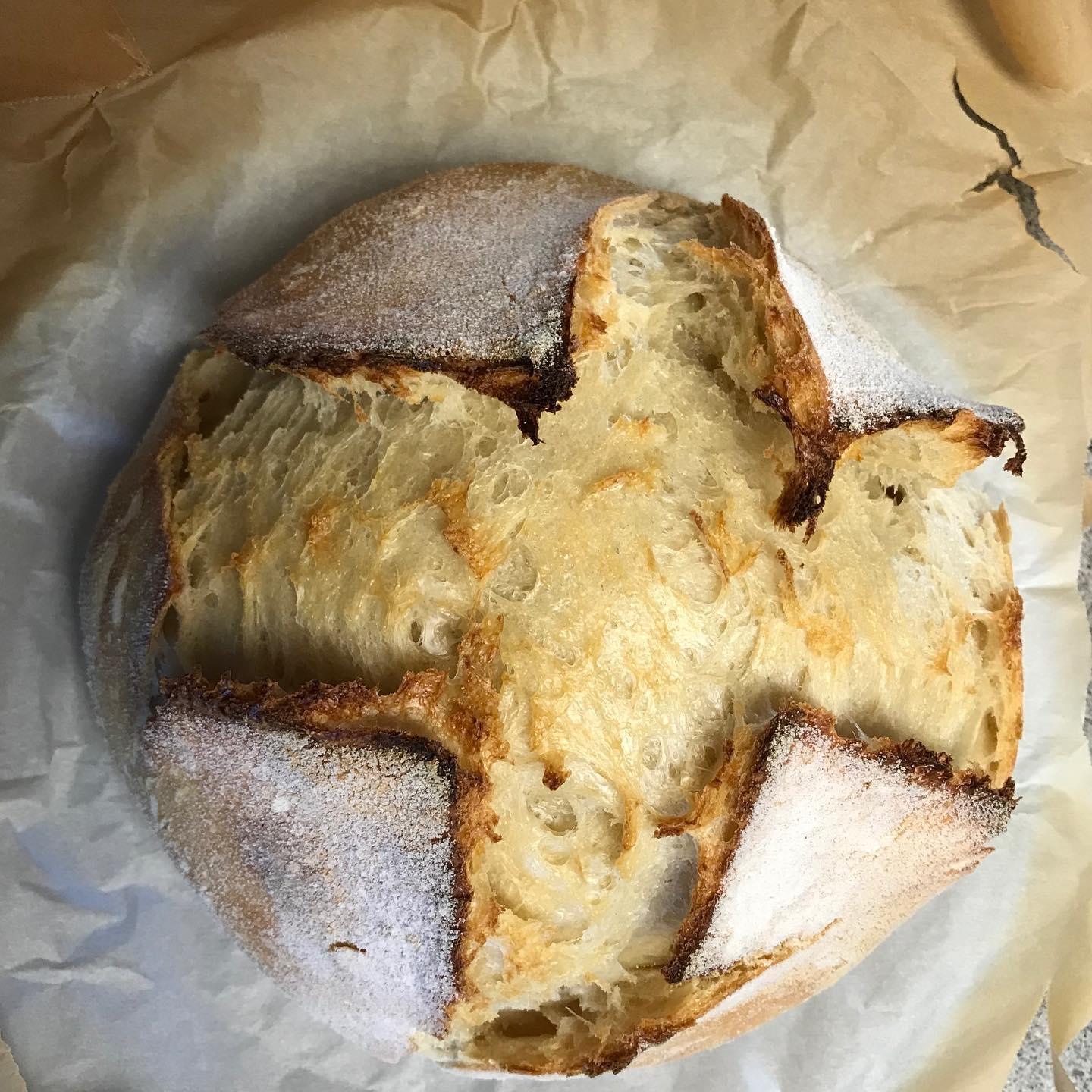 Ein runder, rustikaler, handwerklich hergestellter Brotlaib mit einer goldenen, knusprigen Kruste und tiefen, gut definierten Rillen, der auf geknittertem Pergamentpapier liegt.