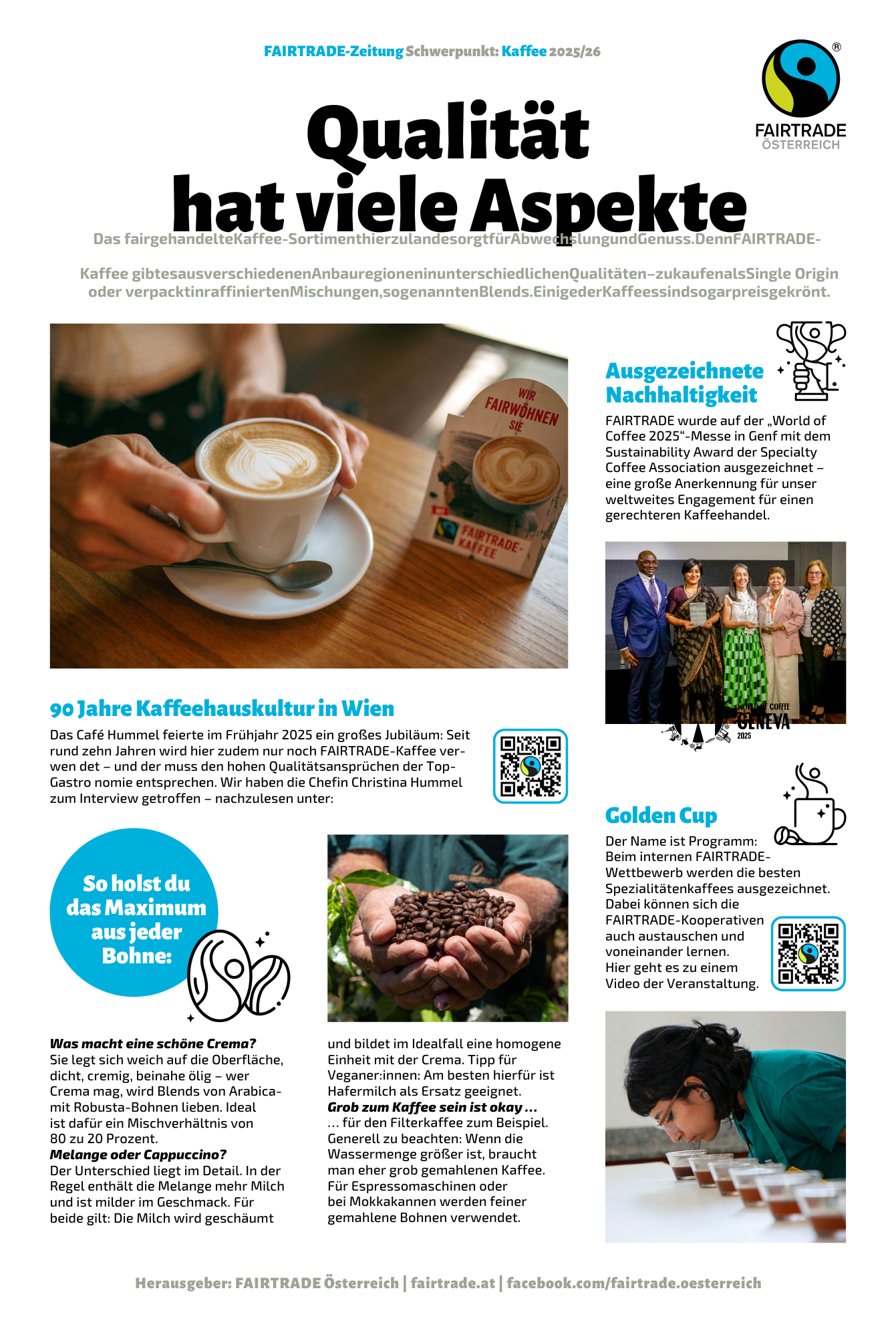 Eine deutschsprachige Magazinseite mit Artikeln zum Thema Kaffee, Fotos von Kaffeegetränken, Menschen, die Kaffee zubereiten, Auszeichnungsplaketten und dem FAIRTRADE Österreich-Logo verdeutlicht Nachhaltigkeits- und Qualitätsaspekte in der Kaffeebranche.