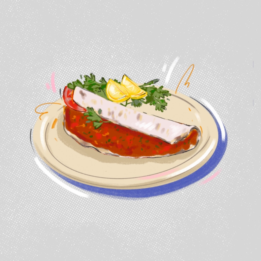 Eine Illustration eines Fischfilets, garniert mit Grünzeug, zwei Zitronenscheiben und einer Tomatenscheibe, serviert auf einem hellen Teller vor einem grauen Hintergrund.
