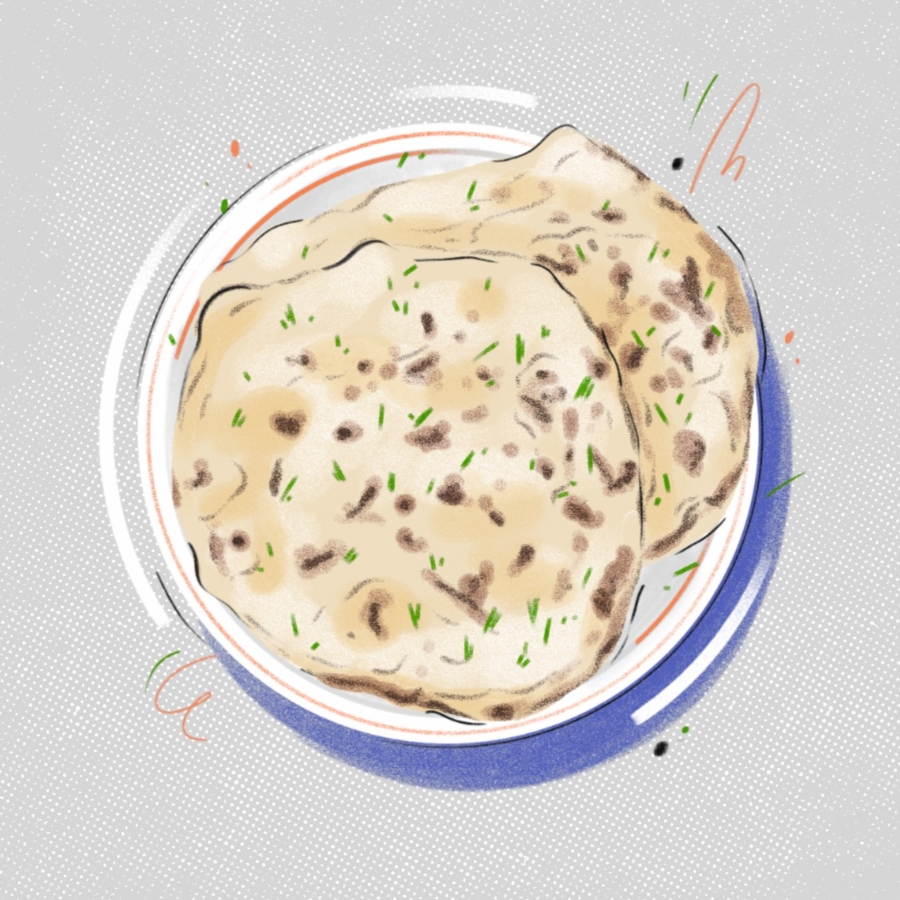 Ein Teller mit zwei Stücken Naan-Brot, garniert mit gehackten Kräutern, illustriert in einem handgezeichneten Stil auf einem hellen Hintergrund.