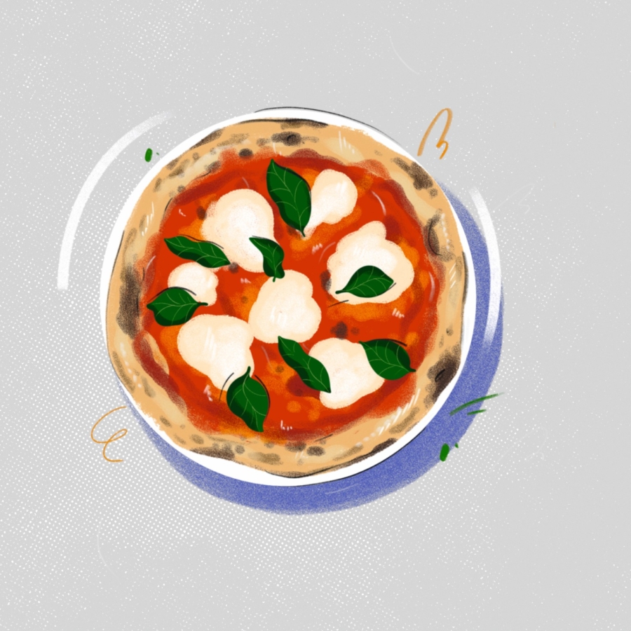 Eine Illustration einer Pizza Margherita, belegt mit Mozzarella-Käse, Tomatensoße und frischen Basilikumblättern, von oben gesehen auf einem hellgrauen Hintergrund.