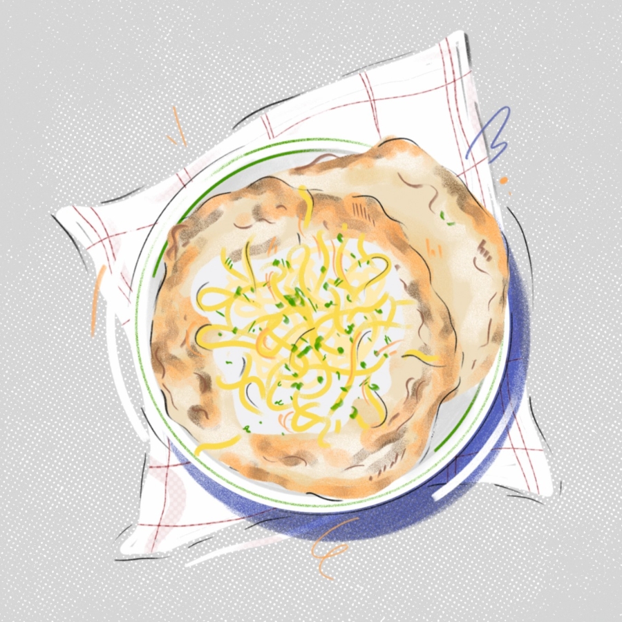 Eine Illustration eines runden Fladenbrots, das mit geriebenem Käse und Kräutern belegt ist und auf einem Teller mit einem rot-weiß karierten Tuch darunter liegt.