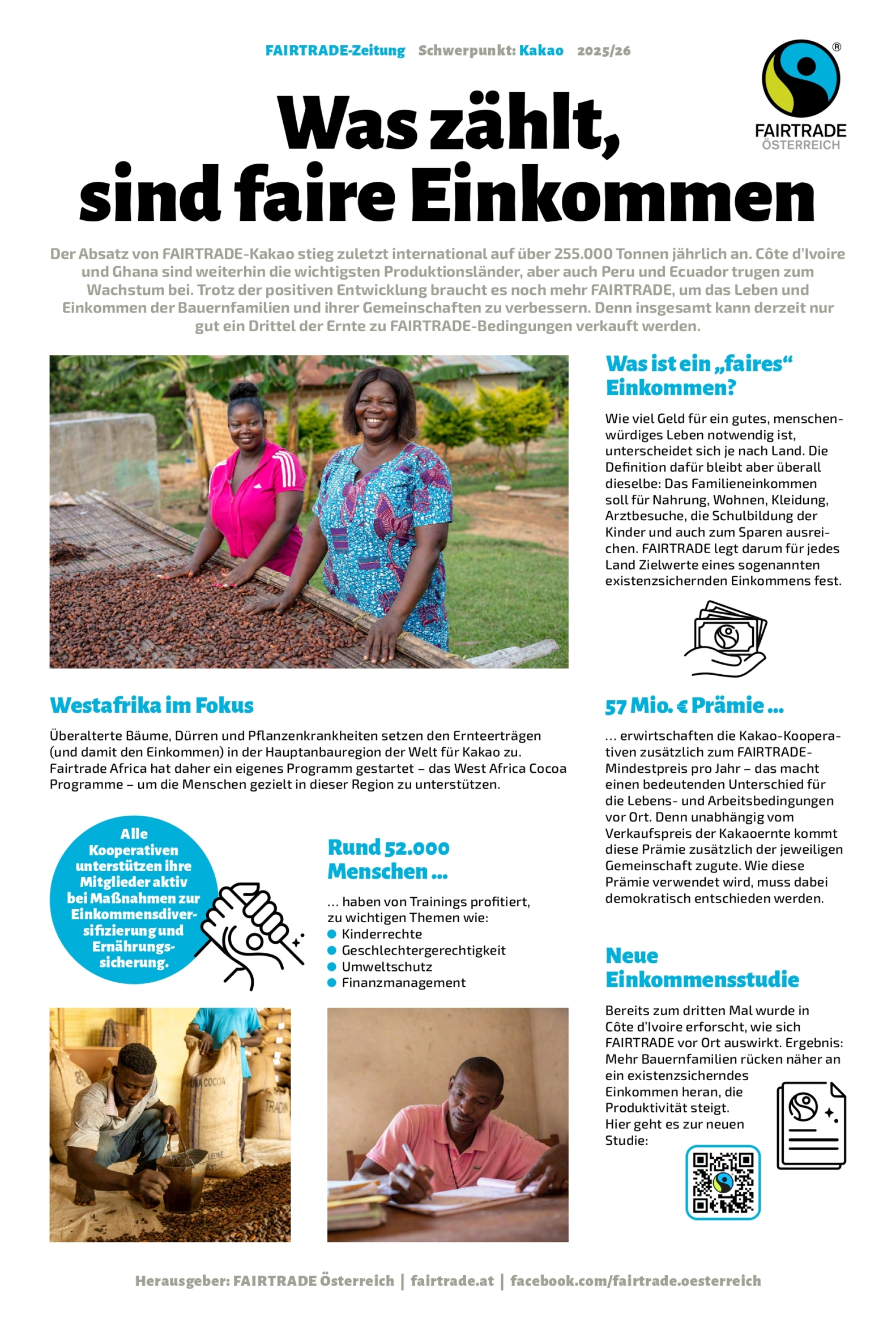 Ein deutschsprachiger Fairtrade-Flyer informiert über faires Einkommen für Kakaobauern, mit Fotos von Kakaobauern bei der Arbeit, Infografiken und Erklärungen zu fairem Einkommen und Fairtrade-Prämienvorteilen.