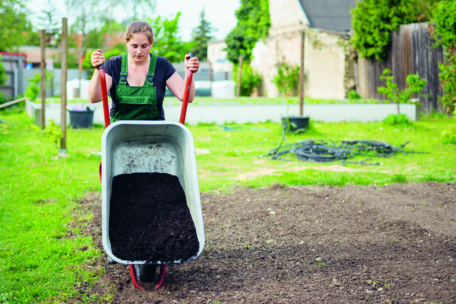 Eine Person schiebt eine mit Erde gefüllte Schubkarre durch einen Garten und bereitet sich auf die Arbeit an einem Stück Erde in einer grünen Umgebung vor.