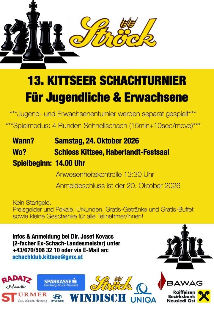 Flyer zum 13. Kittsee-Schachturnier mit Veranstaltungsdetails, Logos der Sponsoren und Grafiken von Schachfiguren. Das Turnier richtet sich an Jugendliche und Erwachsene und findet am 24. Oktober 2026 im Schloss Kittsee statt.