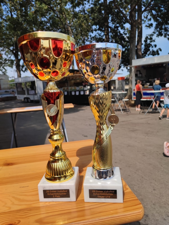 Zwei glänzende Trophäen, eine goldene und eine silberne, stehen auf einem Holztisch im Freien. Jede hat einen weißen Sockel mit eingravierten Plaketten. Im Hintergrund sind Menschen und Bäume bei einer Veranstaltung im Freien zu sehen.
