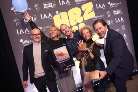 Fünf Personen posieren und feiern bei einer Preisverleihung, halten Trophäen und eine Preisurkunde in der Hand. Im Hintergrund sind die Marken IAA und effie Awards 2024 zu sehen. Eine Person hält einen blauen Luftballon.