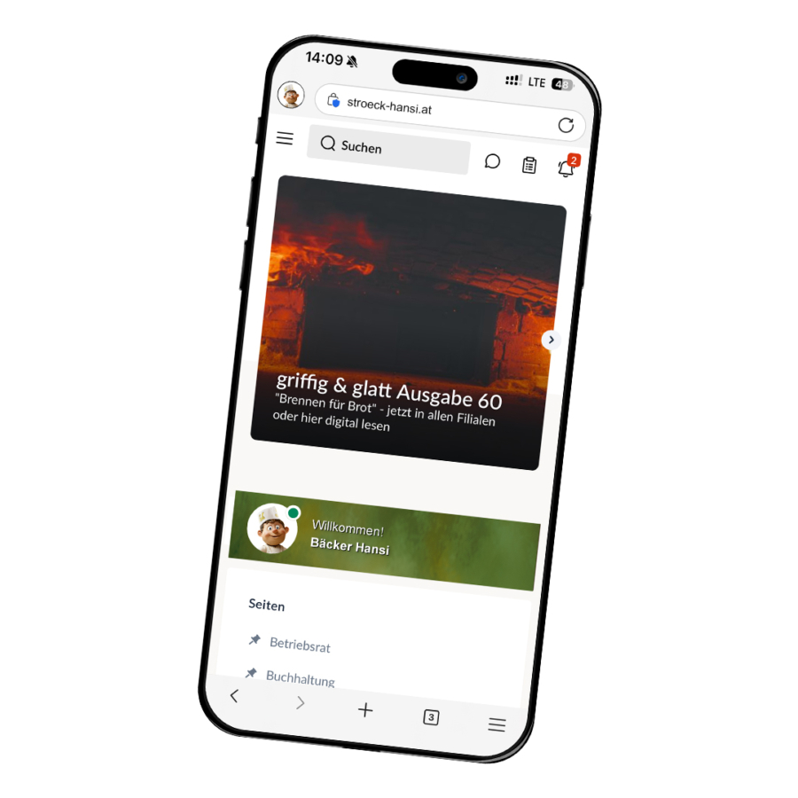 Ein Smartphone zeigt eine Website mit einer Suchleiste, einem Artikel mit dem Titel griffig & glatt Ausgabe 60, einer Willkommensnachricht für Bäcker Hansi und Navigationslinks darunter. Die angezeigte Zeit ist 14:09 Uhr.