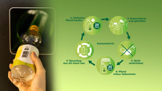 Eine Hand führt eine Plastikflasche in eine Recyclingmaschine ein. Daneben erklärt ein Kreisdiagramm das Flaschenpfandsystem in fünf illustrierten deutschen Schritten: kaufen mit Pfand, verbrauchen, nicht zerdrücken, zurückbringen und recyceln.