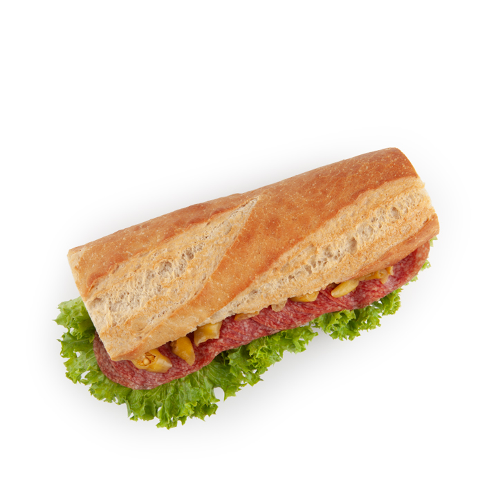 Ein Sandwich auf einem Baguette, gefüllt mit grünem Blattsalat, Salamischeiben und gelbem Käse, dargestellt auf einem weißen Hintergrund.