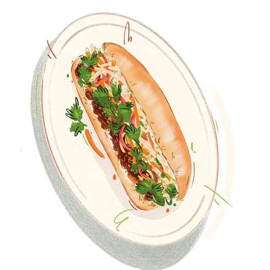 Ein illustriertes Sandwich auf einem weißen Teller, gefüllt mit geschreddertem Gemüse, Kräutern und Fleisch, garniert mit frischem Koriander.