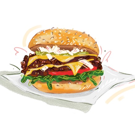 Ein illustrierter Cheeseburger auf einer Serviette, mit Sesambrötchen, Salat, Tomate, Rinderpastete, geschmolzenem Käse, Essiggurken und Zwiebelwürfeln.