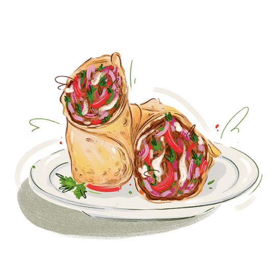 Abbildung von zwei gefüllten Wraps auf einem weißen Teller, gefüllt mit farbenfrohen Zutaten wie roten Zwiebeln, Tomaten, Kräutern und Grünzeug, mit einigen Garnierungen auf dem Teller.