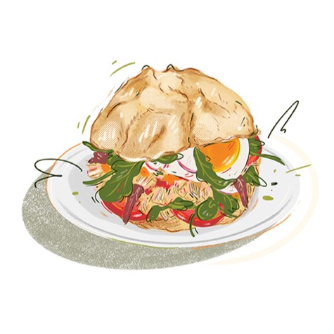 Illustration eines Sandwiches auf einem weißen Teller, gefüllt mit Blattgemüse, in Scheiben geschnittenem gekochtem Ei, Tomaten und anderem Gemüse, alles in einem runden, knusprigen Brötchen.