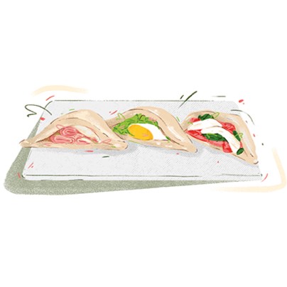 Eine Illustration dreier gefalteter Tacos auf einem rechteckigen Teller, die jeweils mit verschiedenen Zutaten gefüllt sind, z. B. mit Fleischscheiben, einem Spiegelei mit Grünzeug und Tomaten mit Blattgemüse.
