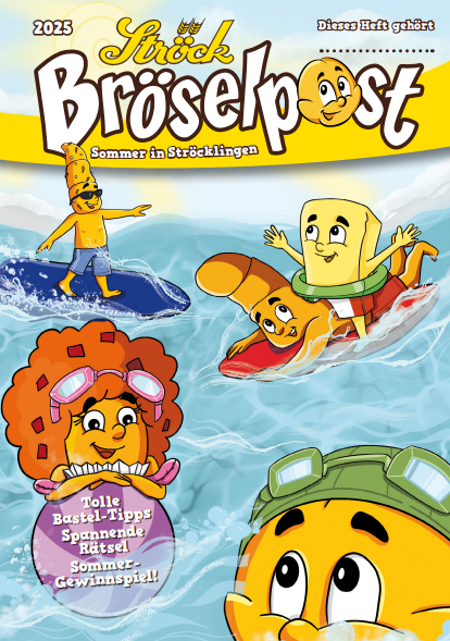 Cartoon-Brot-, Brötchen- und Gebäckfiguren surfen und schwimmen im Meer unter einem sonnigen Himmel. Der Umschlagtext lautet: "Stöck Bröselpost - Sommer in Stöcklingen" mit farbenfroher, verspielter Gestaltung und Überschriften.