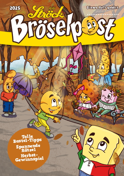 Cartoon-Brotfiguren genießen einen bunten Herbstpark mit fallenden Blättern. Einer hält einen Regenschirm, andere sitzen auf einer Bank, und zwei lassen einen Drachen steigen. Auf dem hellen Umschlag steht "Ströck Bröselpost 2025" mit verspielten Schriftarten und fröhlichen Gesichtern.
