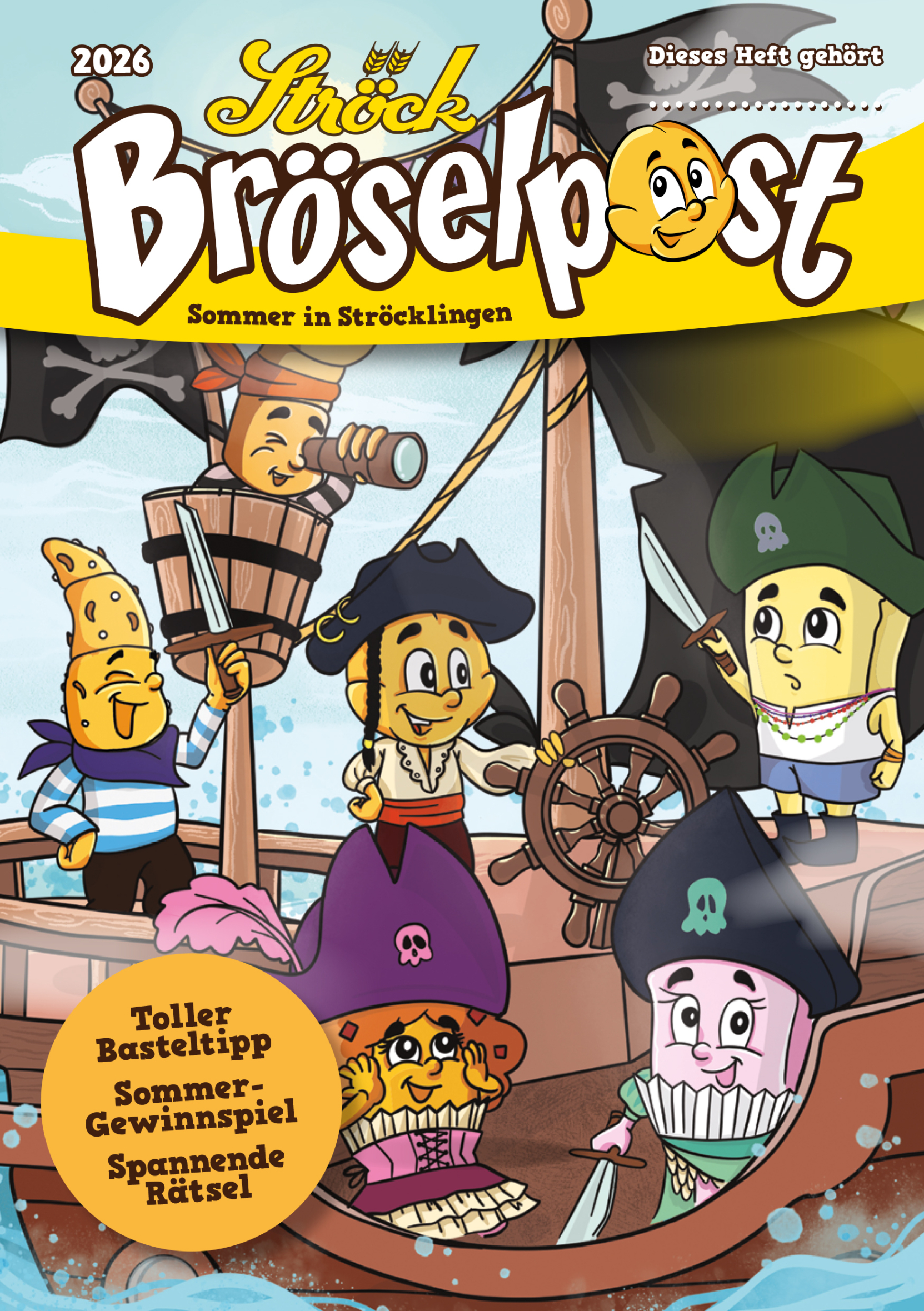 Cartoon-Brotfiguren in Piratenkostümen segeln auf einem Holzschiff mit Segeln und Steuerrad. Die Szene ist farbenfroh und verspielt, mit blauem Himmel und Piraten-Outfits, darunter Hüte, Schwerter und Bandanas.