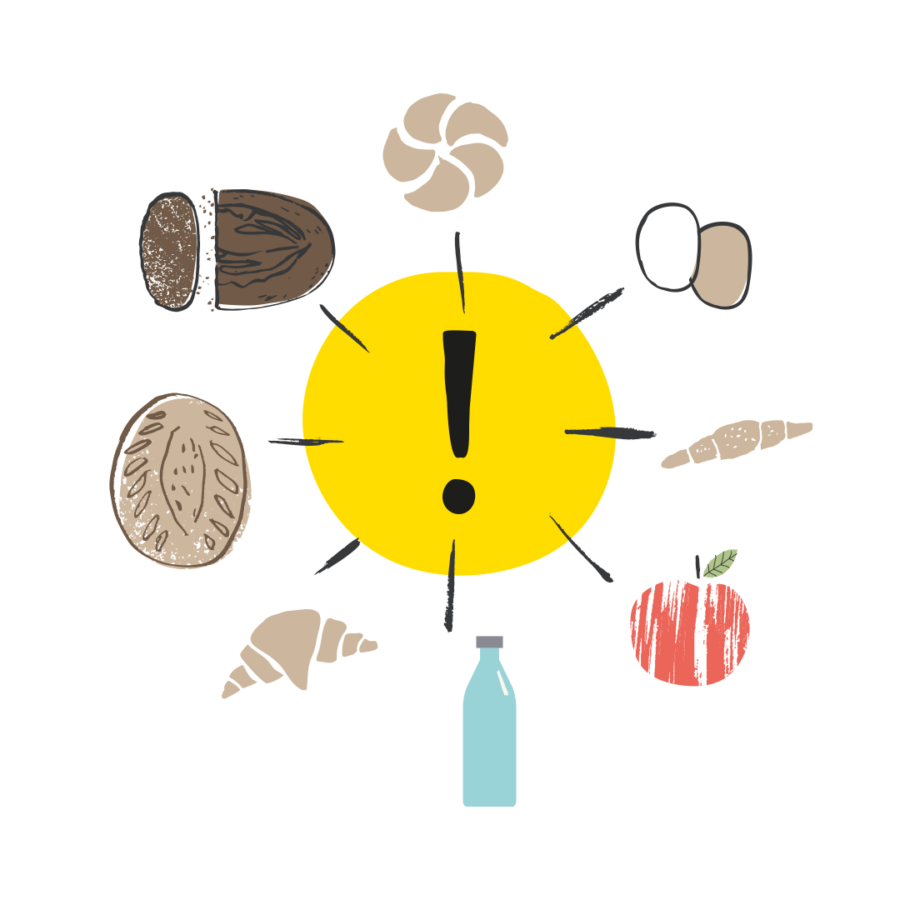 Ein gelbes Ausrufezeichen in einem Kreis ist von Abbildungen von Brot, Nüssen, Eiern, einem Croissant, einem Keks, einem Apfel und einer Flasche umgeben, um auf häufige Lebensmittelallergene hinzuweisen und das Bewusstsein dafür zu schärfen – ergänzt durch Informationen zur Mehrwertsteuersenkung.