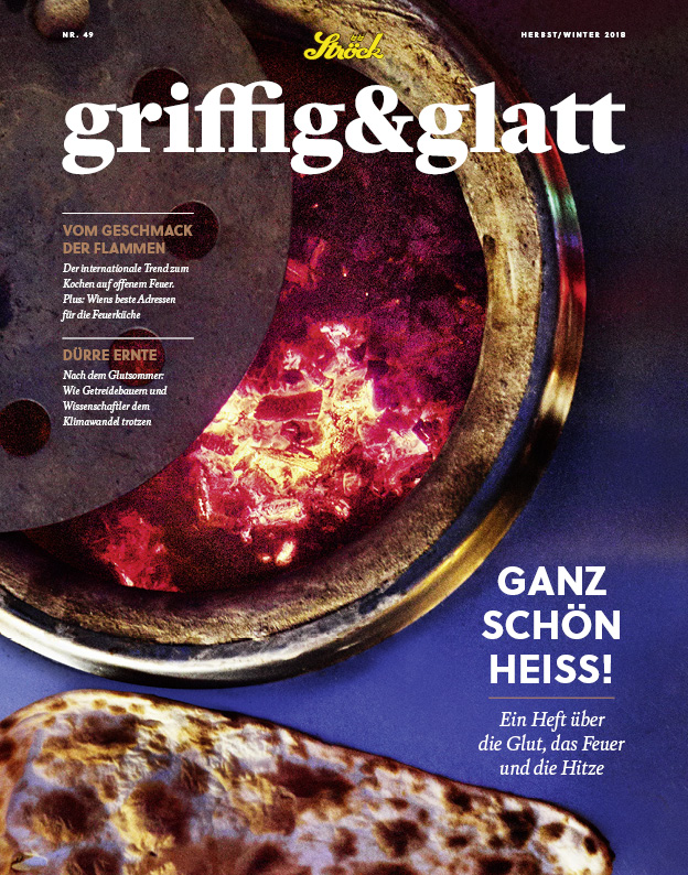 Nahaufnahme einer glühenden, rotglühenden Feuerstelle mit Flammen und Glut. Im Vordergrund ist ein geröstetes Stück Brot zu sehen. Der Text auf der Titelseite einer deutschen Zeitschrift überlagert das Bild mit der Schlagzeile Ganz schön heiss!.