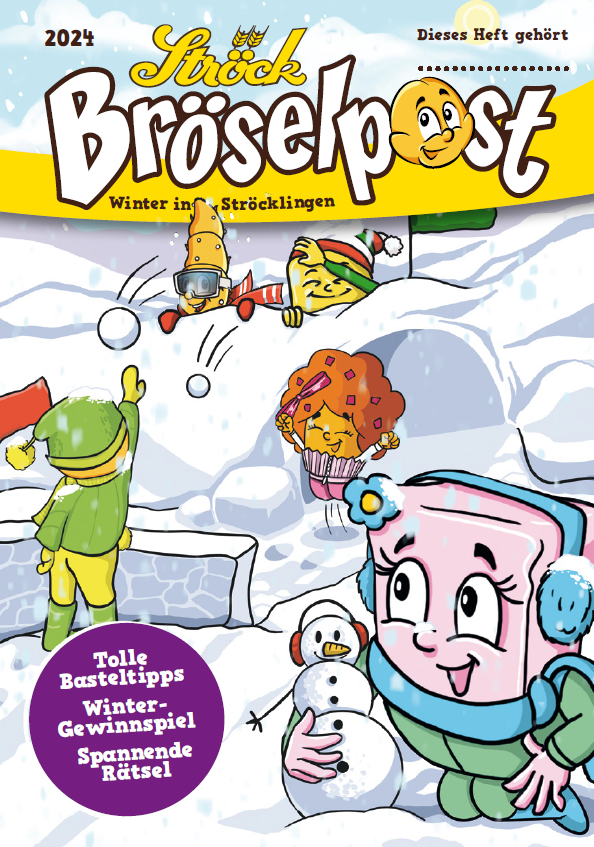 Ein farbenfrohes Cartoon-Cover zeigt fröhliche Lebensmittelcharaktere, die im Schnee spielen. Ein Törtchen, ein Sandwich und andere Leckereien bauen Schneemänner und werfen Schneebälle. Der Titel Bröselpost steht ganz oben, und die Szene ist festlich und winterlich.