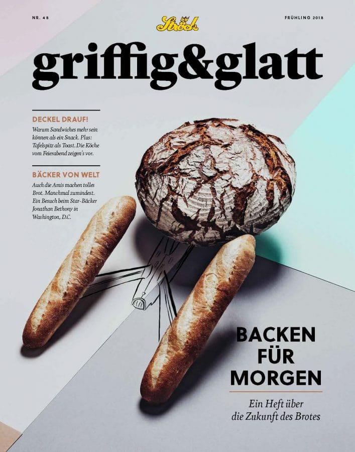 Ein runder Brotlaib und zwei Baguettes sind auf einem geometrischen Hintergrund mit Pastellfarben angeordnet. Der Text auf dem Bild ist auf Deutsch, die Hauptüberschrift lautet BACKEN FÜR MORGEN.
