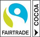 Logo der Fairtrade-Kakao-Zertifizierung mit einem blau-grünen Symbol über dem Wort FAIRTRADE und dem Wort COCOA in vertikaler Schrift auf der rechten Seite.