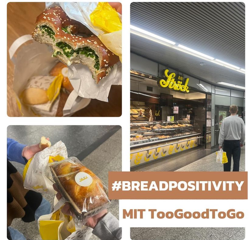 Collage mit drei Bildern: ein angebissener Sesam-Bagel mit Grünzeug, eine Hand, die verpacktes Gebäck hält, und ein Bäckereischaufenster. Der überlagerte Text lautet #BREADPOSITIVITY MIT TooGoodToGo.