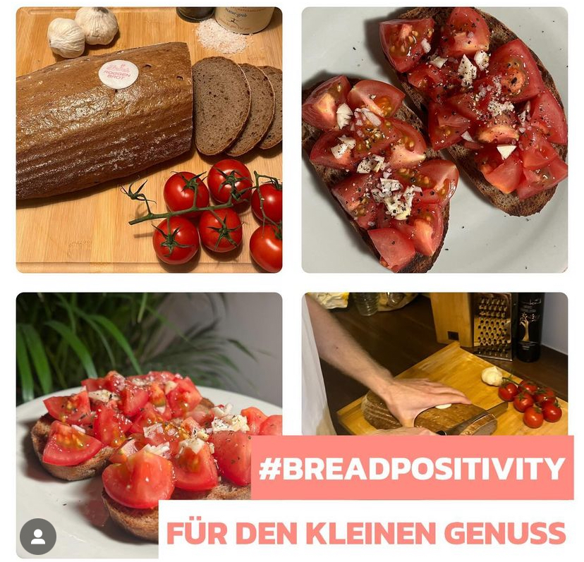 Eine Collage zeigt aufgeschnittenes Brot mit Tomaten, zwei Teller mit Tomaten-Toast und Käse sowie eine Person, die Brot auf einem Brett schneidet. Der Text lautet "#BREADPOSITIVITY FÜR DEN KLEINEN GENUSS.".