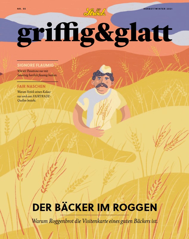 Illustrierte Titelseite einer Zeitschrift, die einen Bäcker mit Schnurrbart und weißer Kleidung zeigt, der in einem Roggenfeld mit goldgelben und roten Farbtönen unter einem blauen Himmel steht. Deutsche Textüberschriften und Artikel werden quer über das Bild angezeigt.