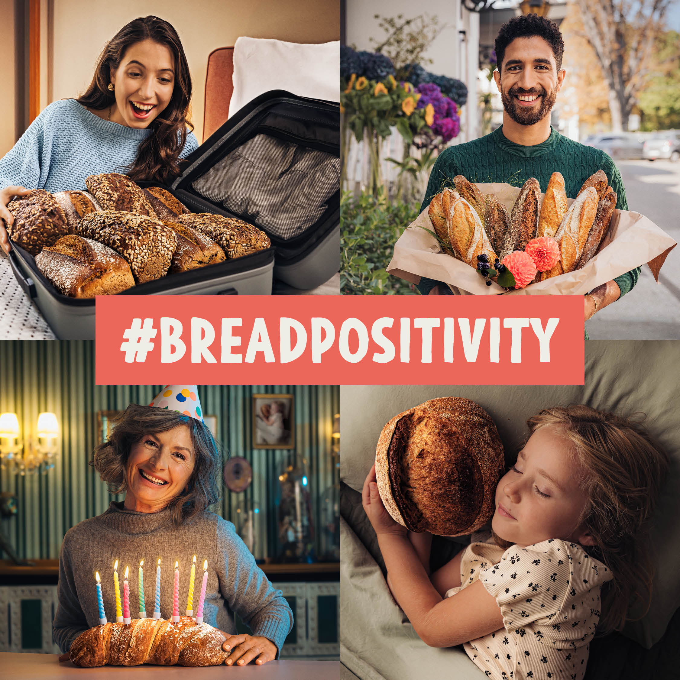 Eine Collage von vier Menschen, die in verschiedenen Situationen fröhlich mit Brot posieren, um den Text #BREADPOSITIVITY in fetten Buchstaben herum. Die Bilder zeigen Freude, Feierlichkeit und Zuneigung für verschiedene Brotsorten.