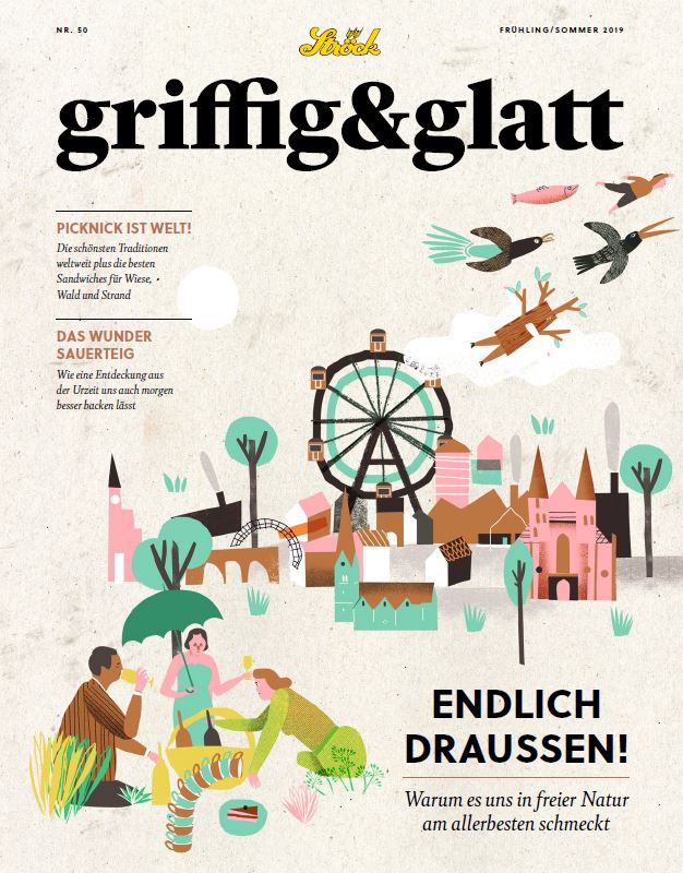 Illustrierte Szene im Freien mit picknickenden und spielenden Menschen, einem Riesenrad, Bäumen, Tieren und bunten Gebäuden unter einem klaren Himmel. Der Text umfasst "Endlich draußen!" und Angaben zum Magazin auf Deutsch.