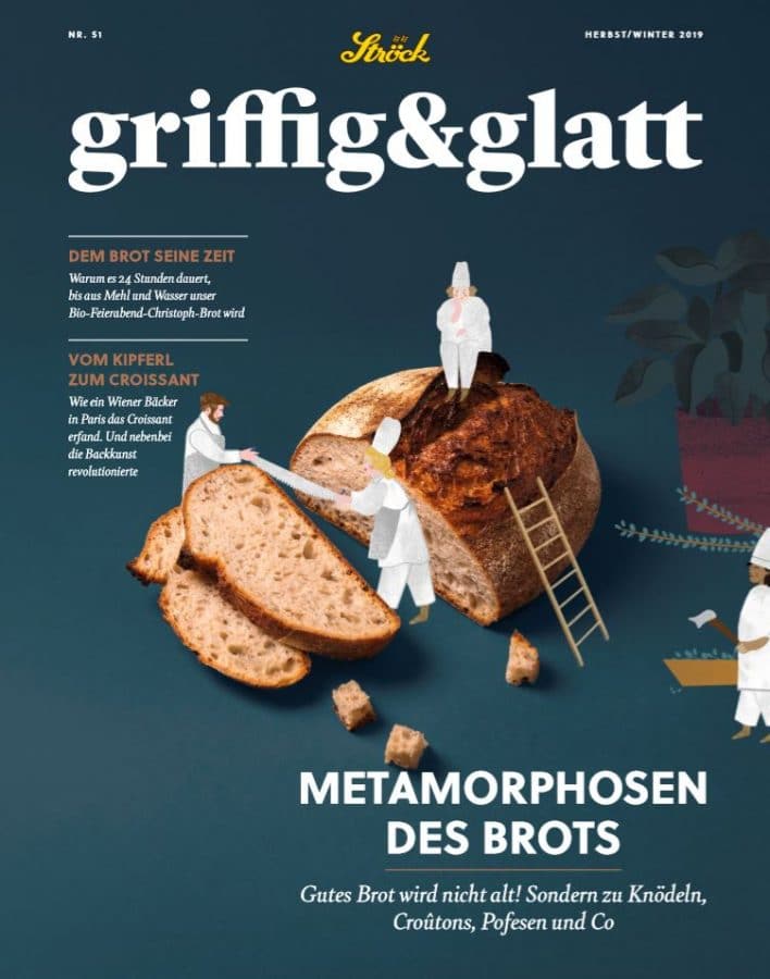Das Titelbild zeigt große Brote und Brotscheiben mit kleinen illustrierten Bäckern, die mit ihnen umgehen. Titel: griffig & glatt. Überschrift: Metamorphosen des Brots mit Text über die Verwandlung von Brot.