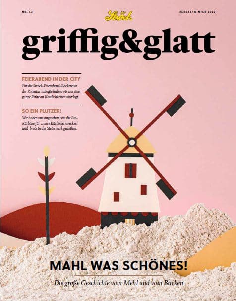 Eine stilisierte Illustration einer Windmühle steht inmitten von weißen Hügeln, die an Mehl erinnern. Der Hintergrund ist rosa, und der deutsche Text beschreibt Backen und Mehl. Die Überschrift lautet griffig & glatt mit MAHL WAS SCHÖNES! darunter.