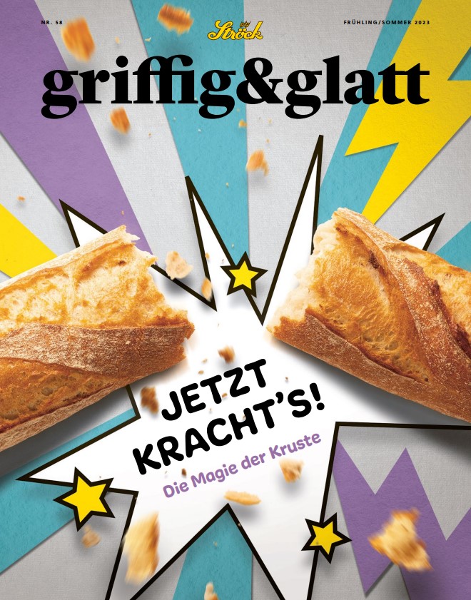Zwei Hälften eines knusprigen Baguettes brechen auseinander, wobei Krümel herumfliegen, vor einem bunten Hintergrund mit Blitzen. Der Text lautet: Jetzt kracht's! Die Magie der Kruste und griffig & glatt.